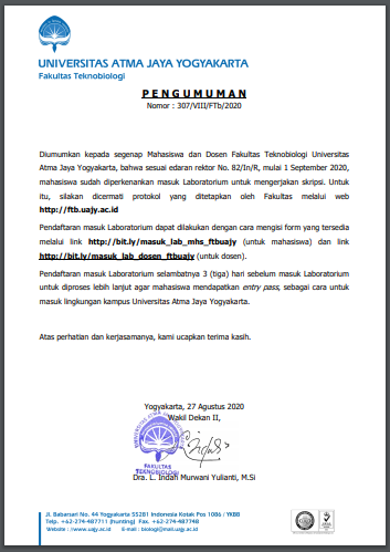 pengumuman masuk lab | fakultas teknobiologi